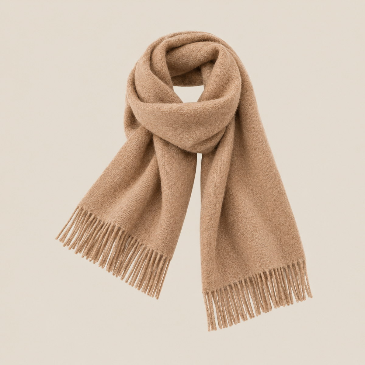 Camel fringed winter scarf on beige