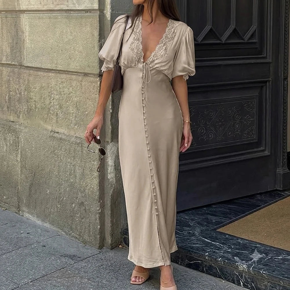 ZEYA - Diandra Puff Sleeve Lace-Up Maxi Dress