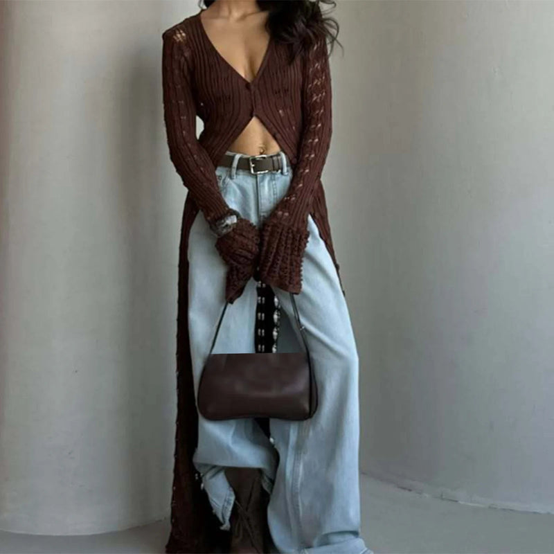ZEYA - Genevra Hollowed V-Neck Long Cardigan
