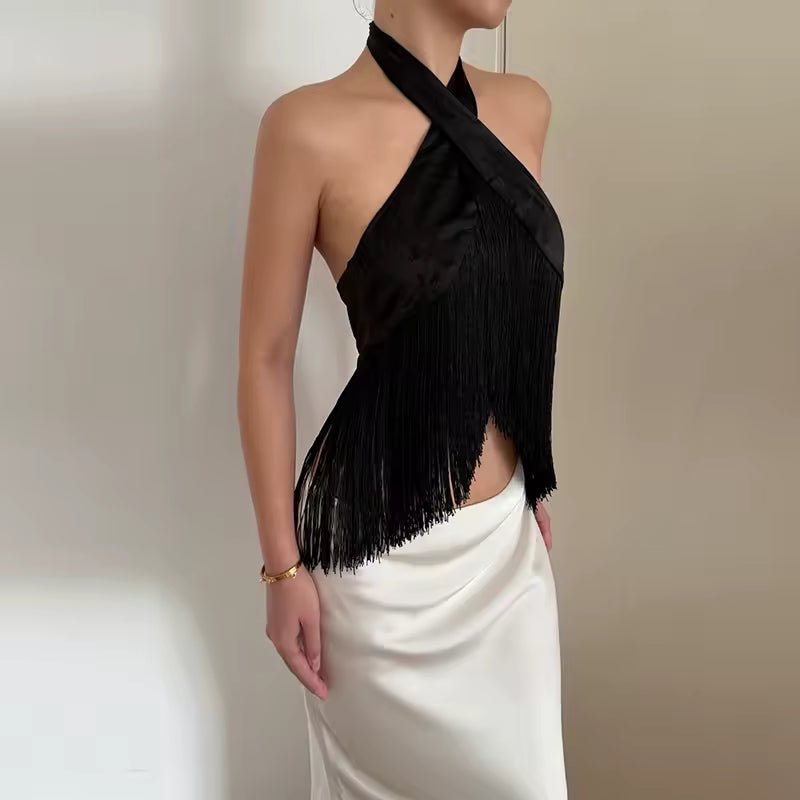ZEYA - Gina Satin Fringed Halter Top