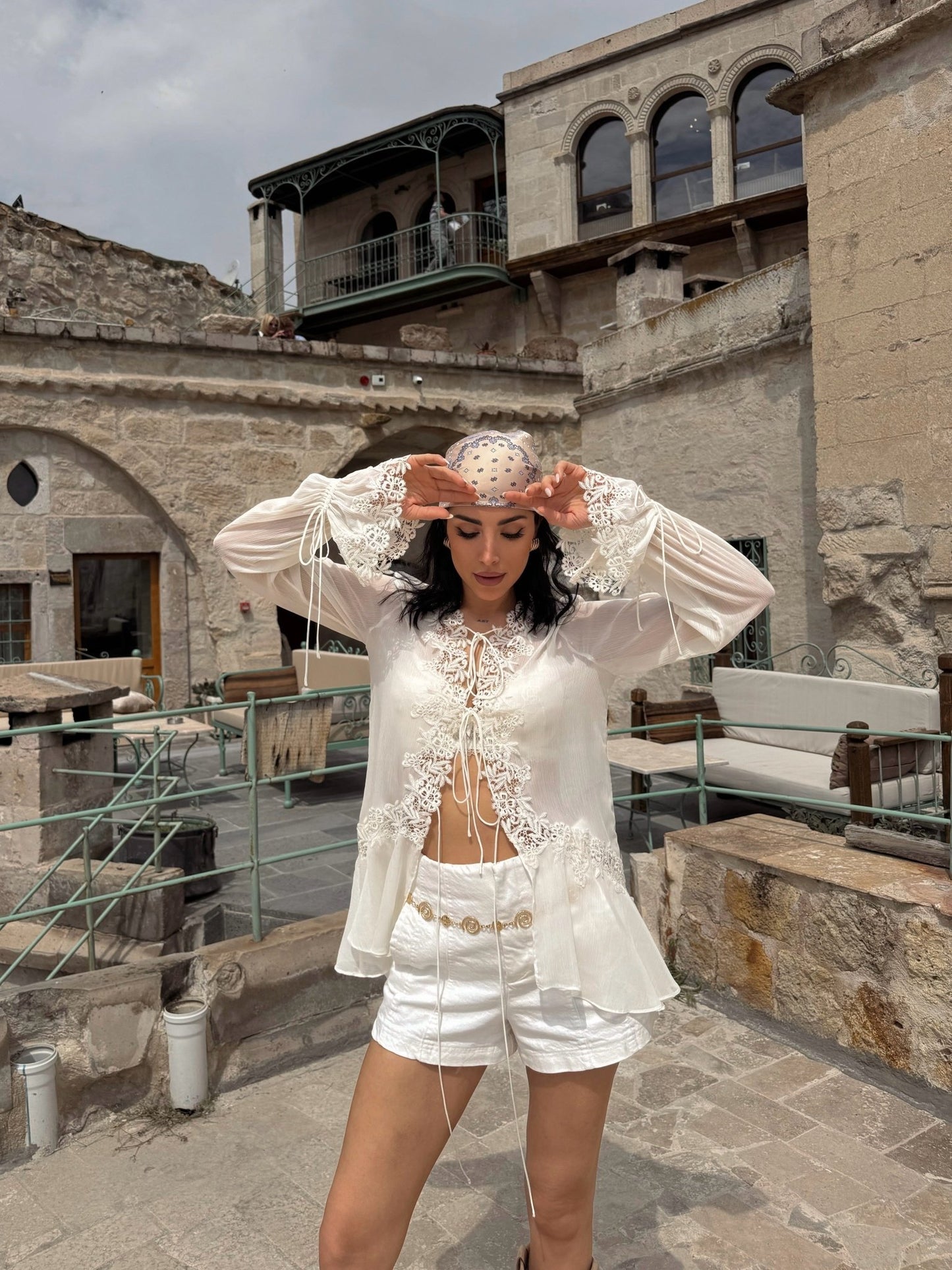 ZEYA - Halle Front-Tie Lace Appliqué Top