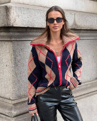 Lara Argyle Ribbed Knit Zip-Up Cardigan