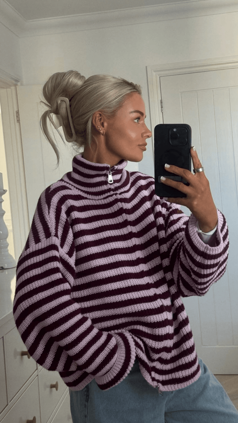 ZEYA - Leah Striped Knit High-Neck Sweater