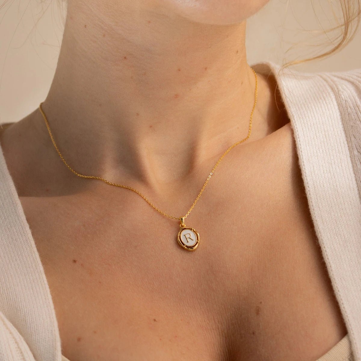 ZEYA - Liza Initial Necklace - Personalized Stainless Steel Round Pendant Choker for Women