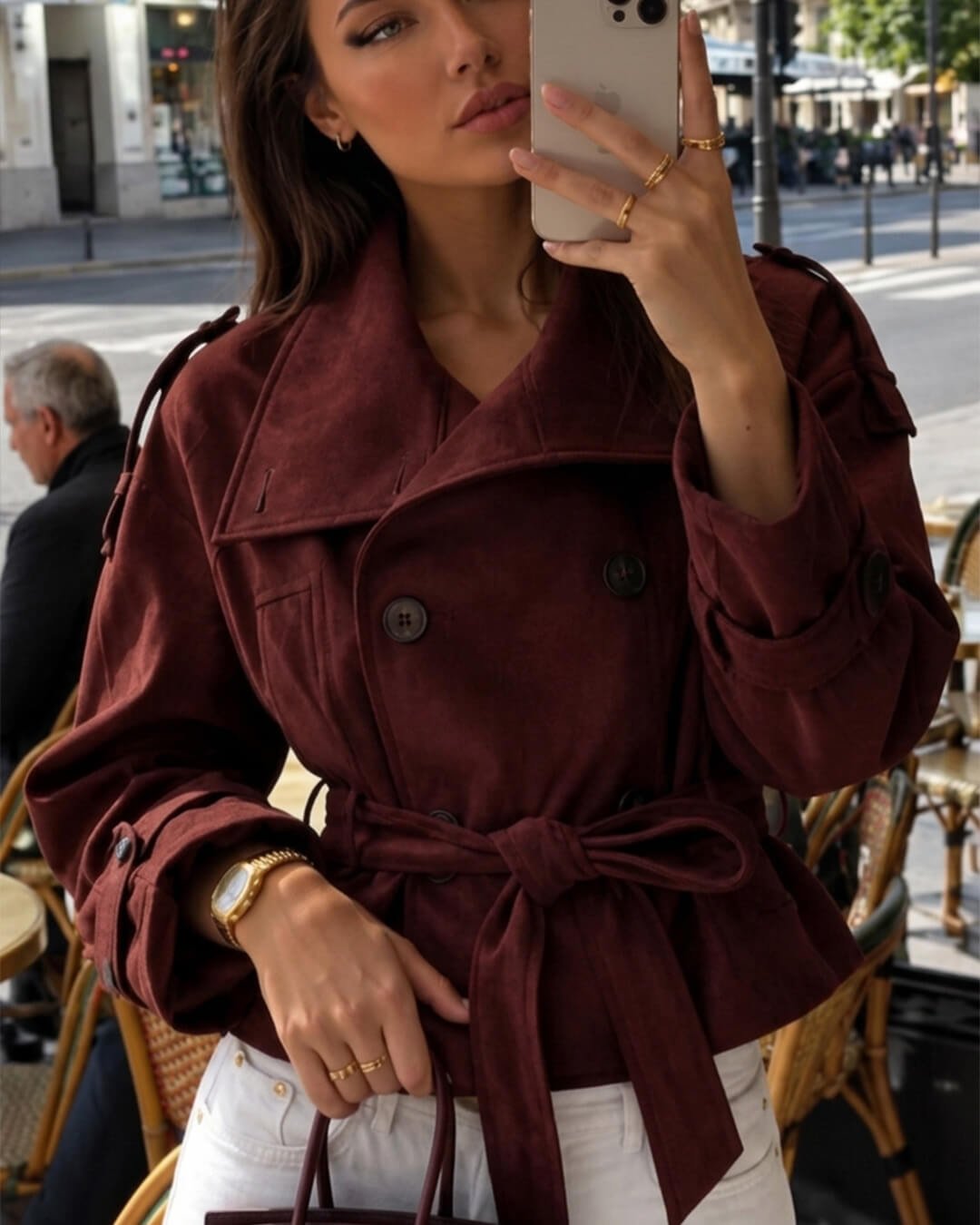 ZEYA - Nicole Funnel Neck Faux Suede Belted Jacket