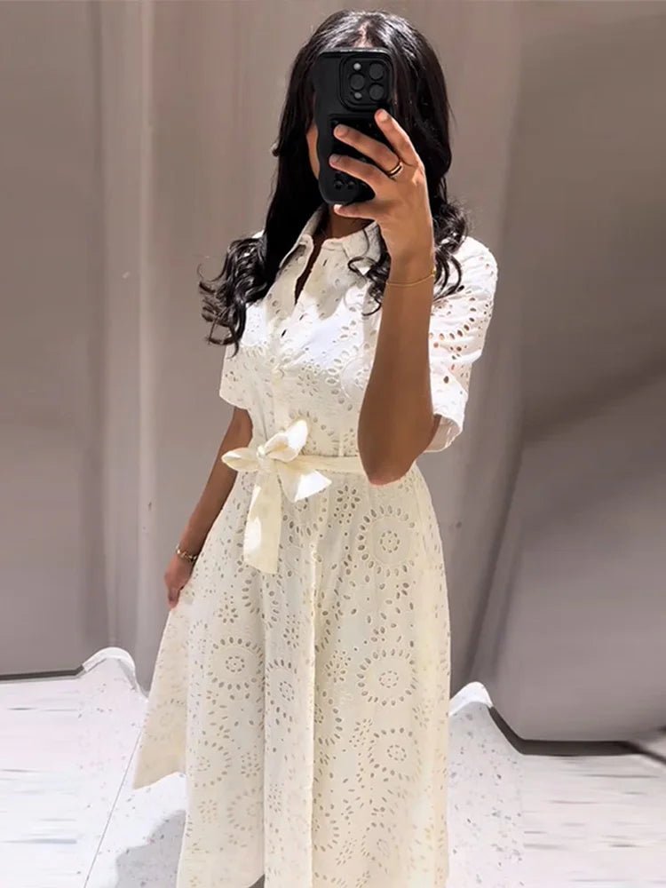 ZEYA - Rosie Embroidered Belted Midi Dress