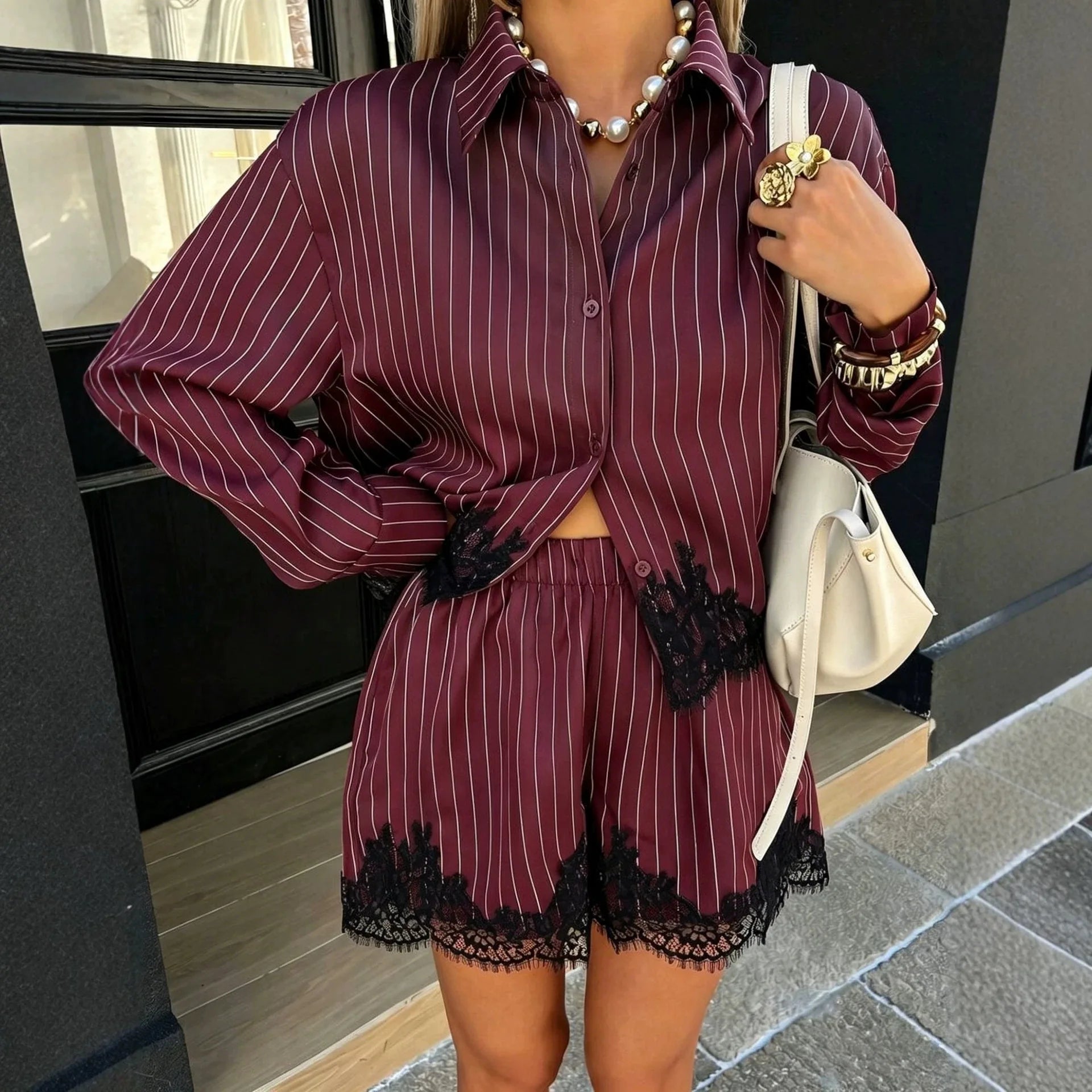 ZEYA - Sabrina Pinstripe Lace Trim Shorts Set