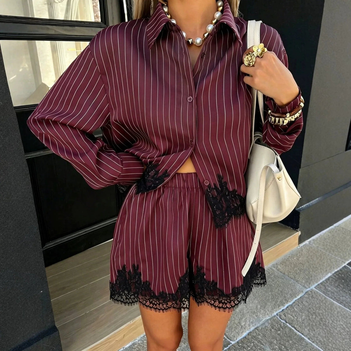 ZEYA - Sabrina Pinstripe Lace Trim Shorts Set