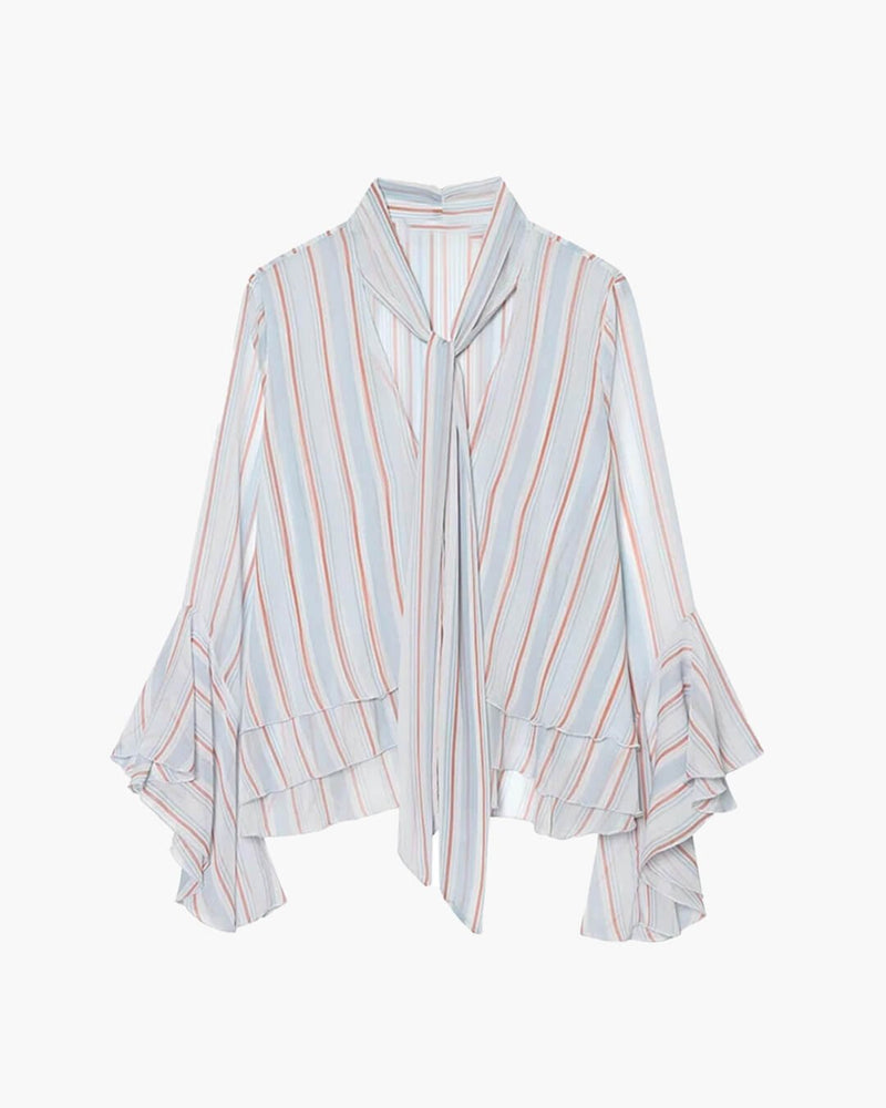 Sandra Gestreepte Ruches Blouse met Strikje
