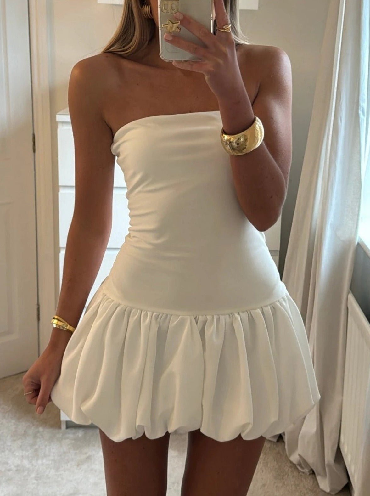 Jane Drop-Waist Bubble-Hem Dress - Bubble Hem Mini Dress for Women - Off-Shoulder Dress - Drop Waist Dress