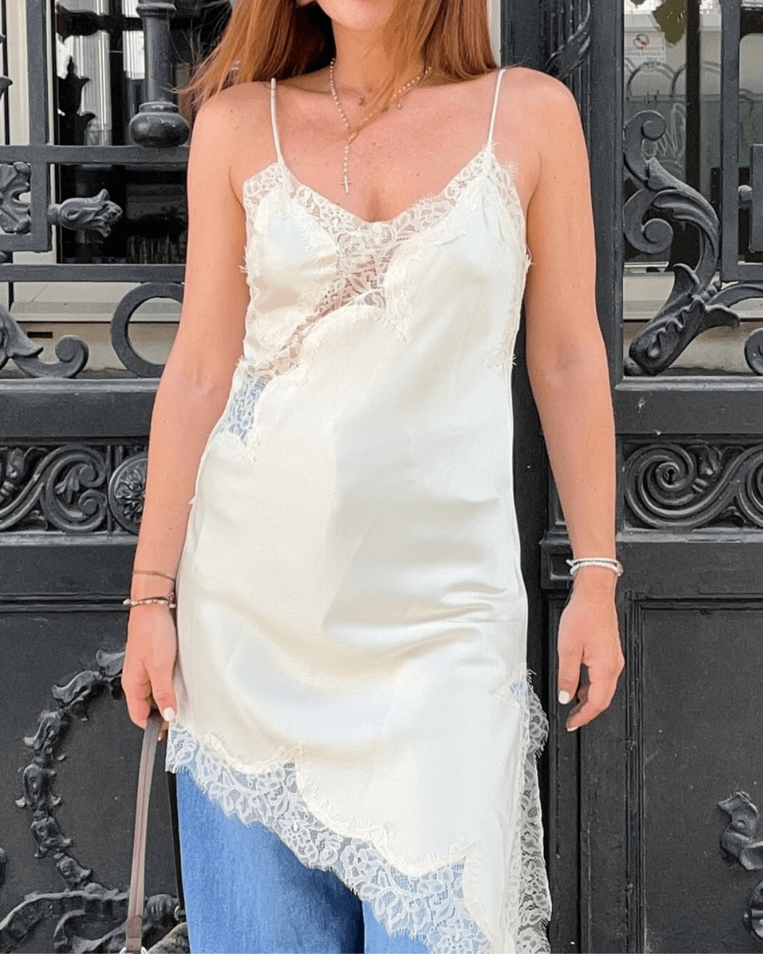 ZEYA - Sophia Asymmetric Satin Lace Midi Dress
