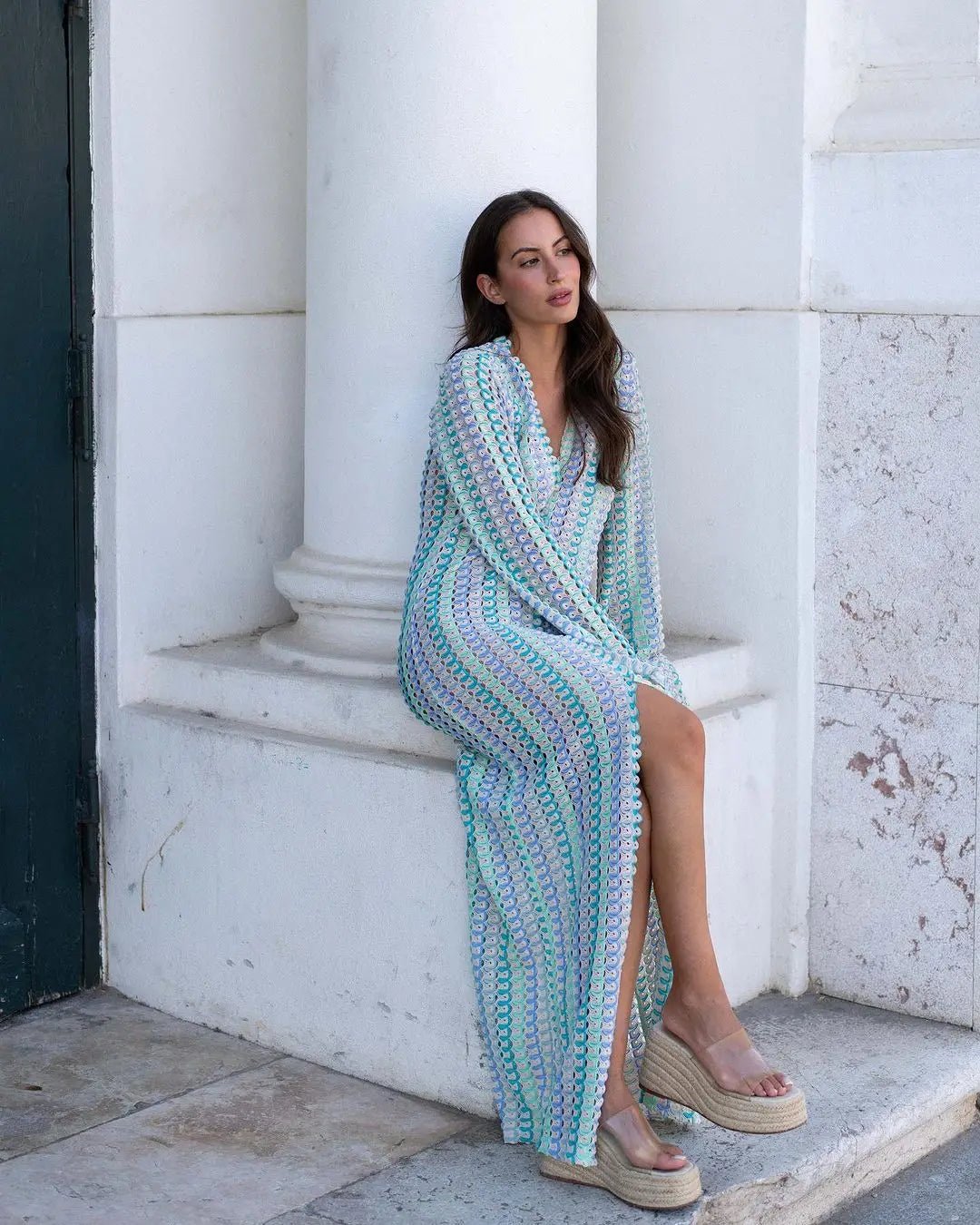 ZEYA - Sophia Crochet Stripe Flare Sleeve Maxi Dress