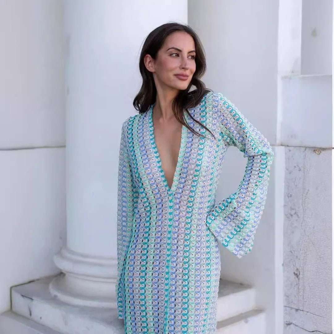 ZEYA - Sophia Crochet Stripe Flare Sleeve Maxi Dress