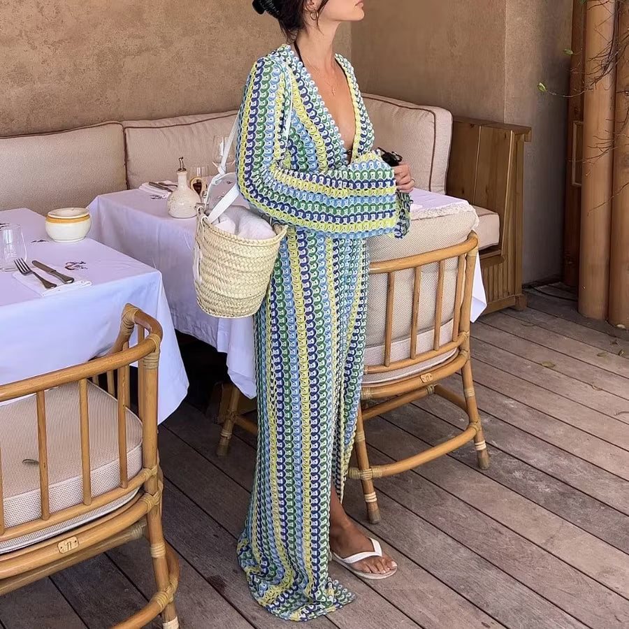 Sophia Crochet Stripe Flare Sleeve Maxi Dress