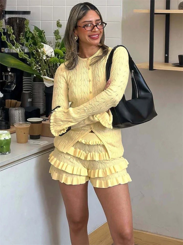 ZEYA - Tiana Ruffled Knit Shorts Set