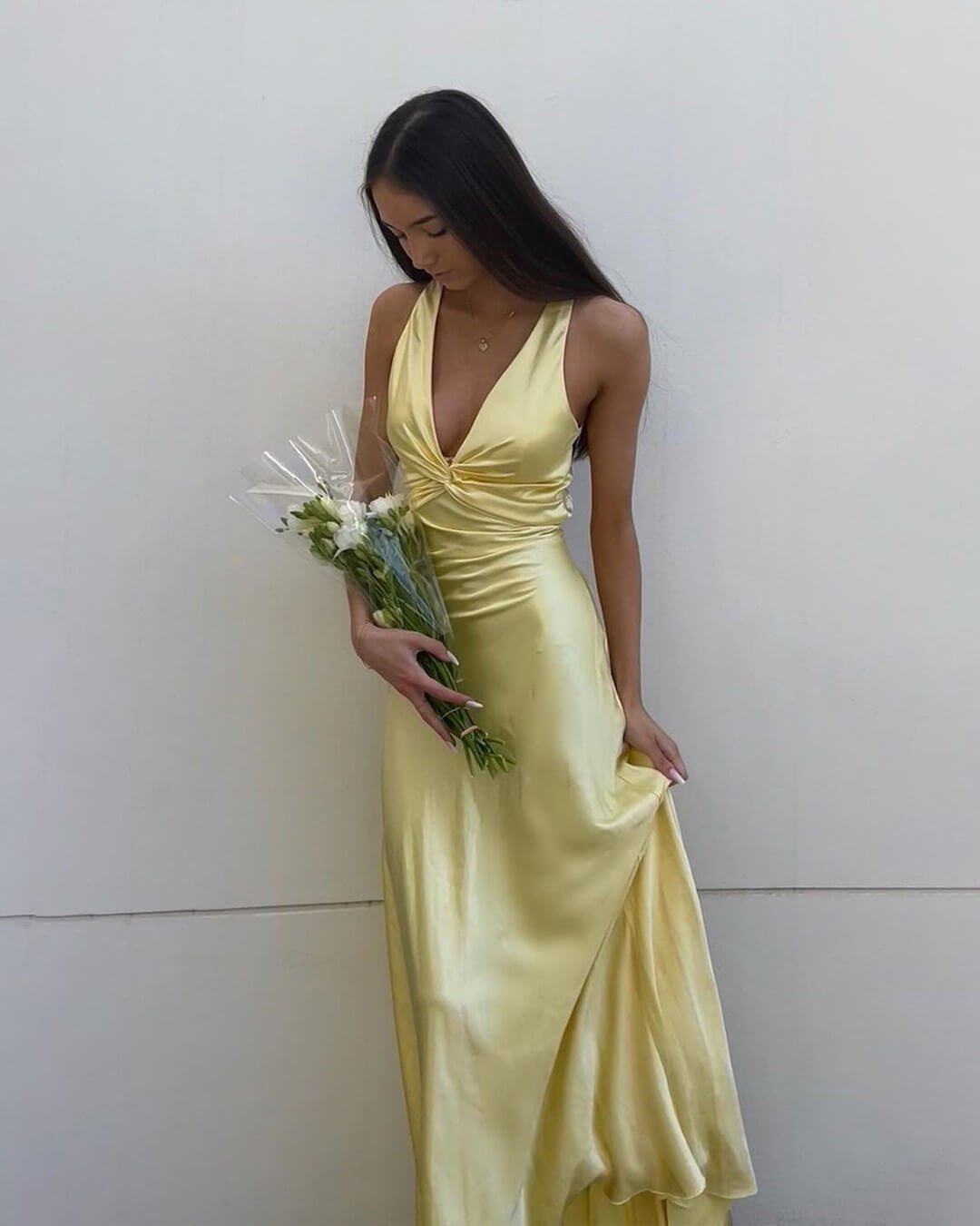 satin open back maxi dress in yellow Andy Satin Open Back Maxi Dress in Yellow